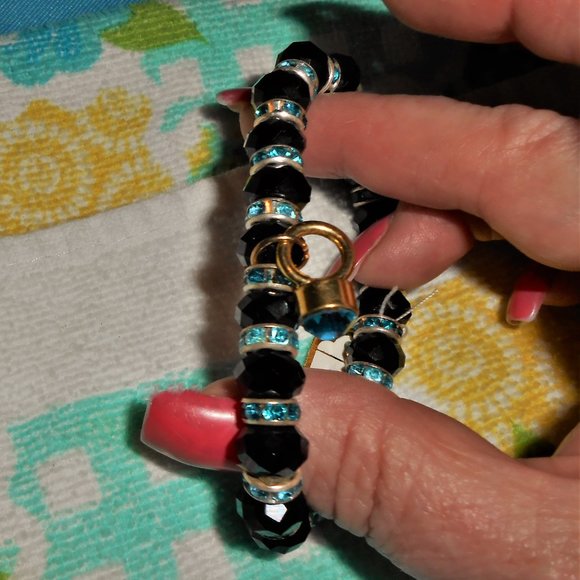 Black Faceted Beads & Crystal Rondelle Bling Bracelet - Picture 7 of 7
